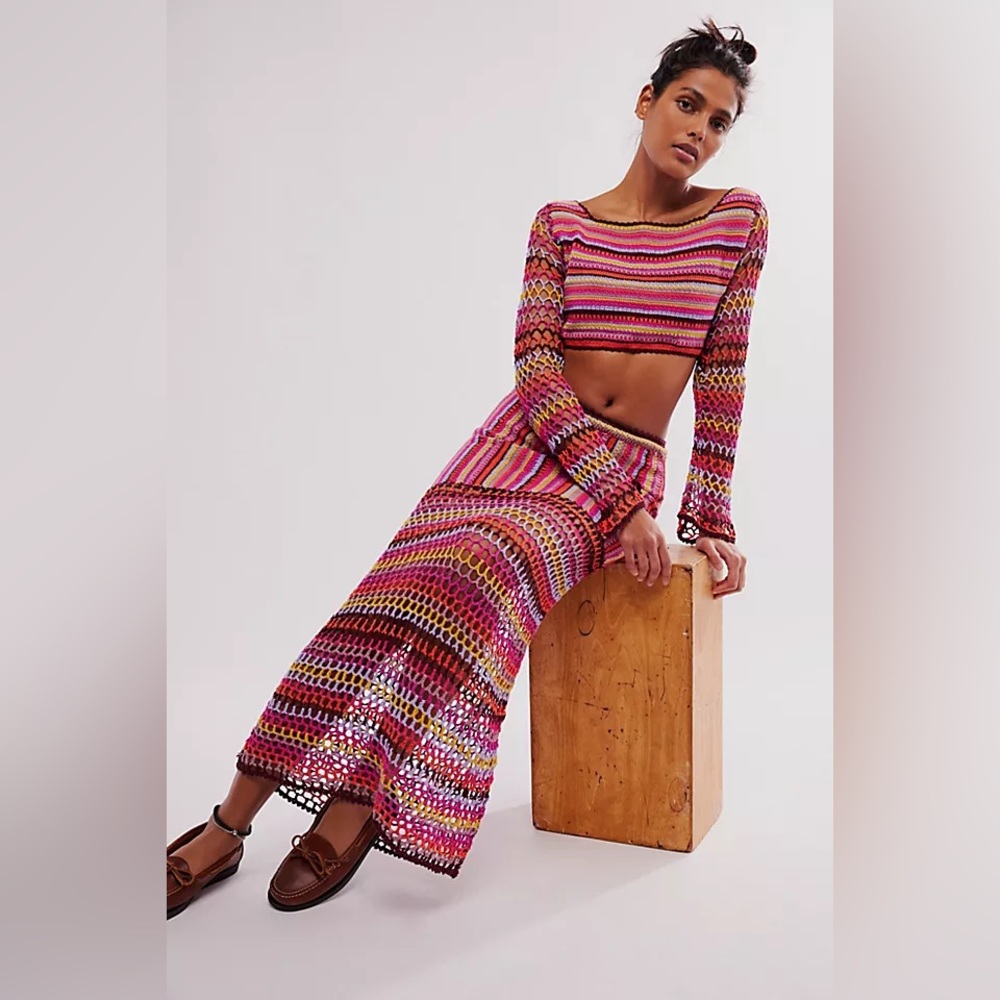 Free People Bali Sunrise Boho Crochet Knit Maxi Skirt and Long Sleeve Top Set - Picture 8 of 12